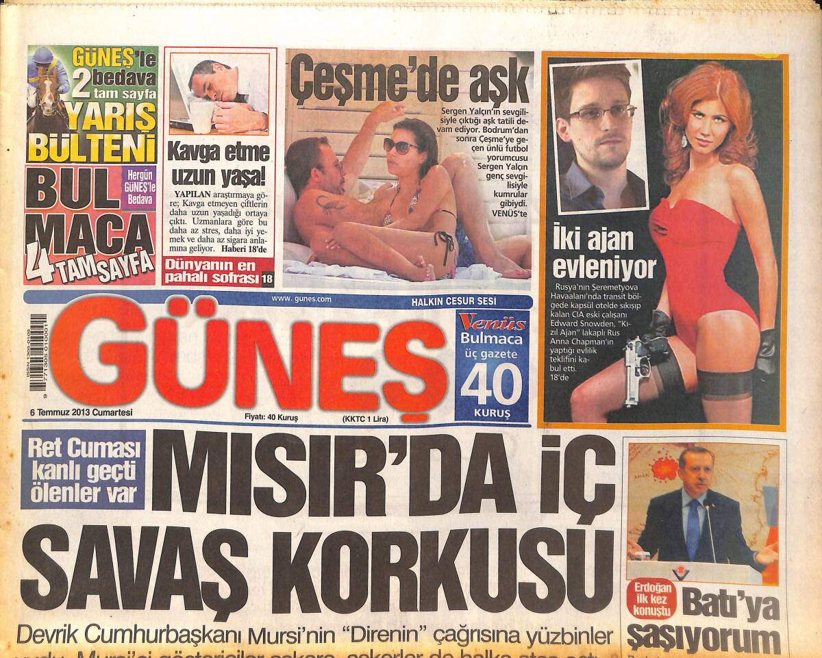 Güneş Gazetesi 6 Temmuz 2013 - Mısır'da İç Savaş Korkusu - Erdoğan: Batı'ya Şaşıyorum - Kadın Savcının En Acı Günü! GZ135716 - 1