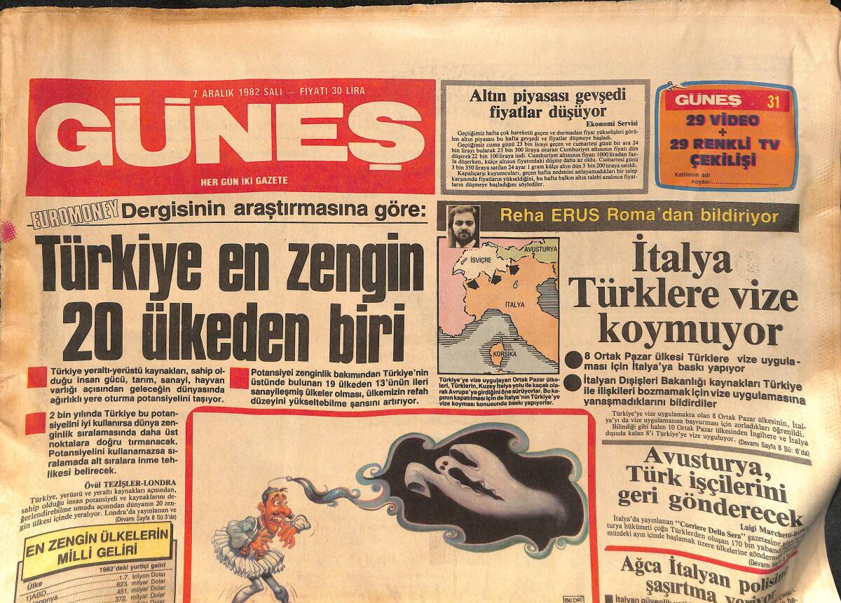Güneş Gazetesi 7 Aralık 1982 - Euromoney Dergisinin Araştırmasına Göre Türkiye En Zengin 20 Ülkenden Biri - Avusturya, Türk İşçileri Geri Gönderiyor GZ132351 - 1