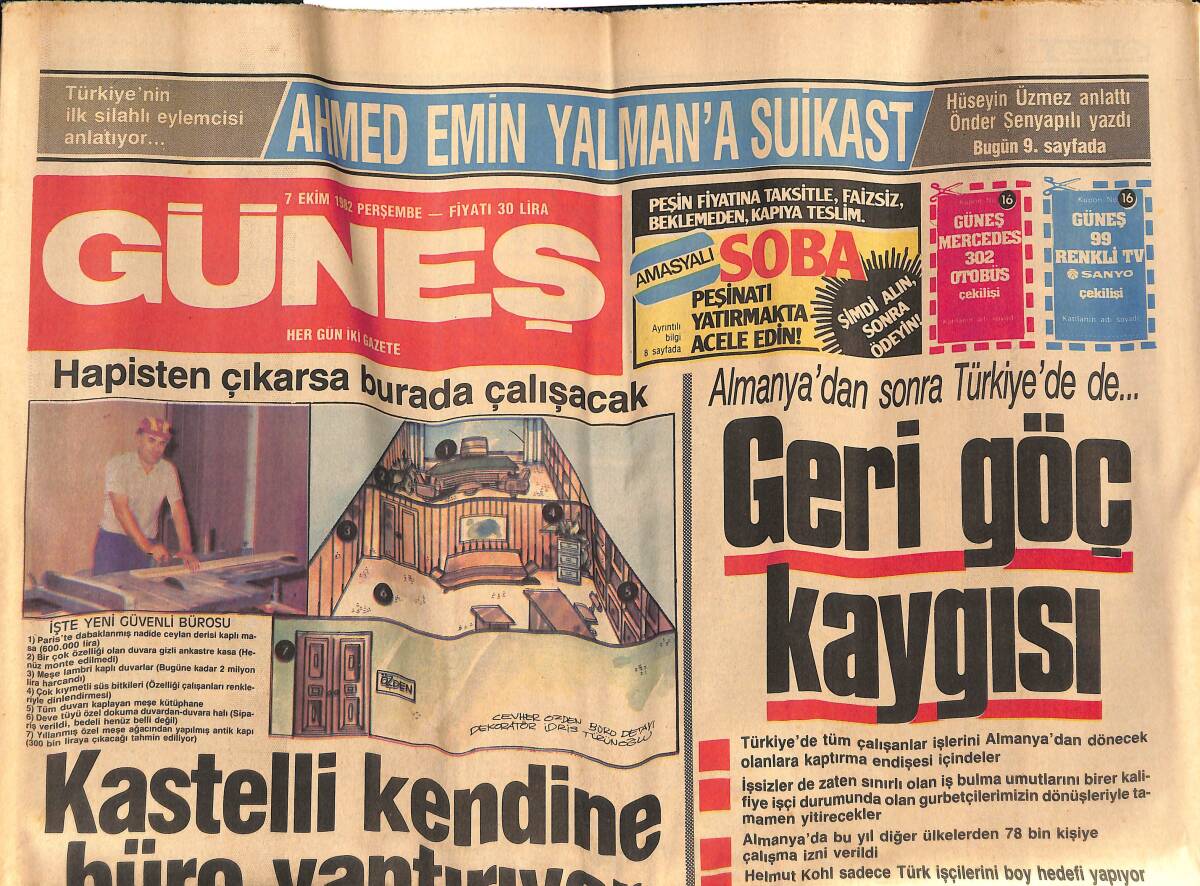 Güneş Gazetesi 7 Ekim 1982 - Kastelli Kendine Büro Yaptırıyor - Sabancı Ve Amerikalılar Halay Çekti GZ134421 - 1