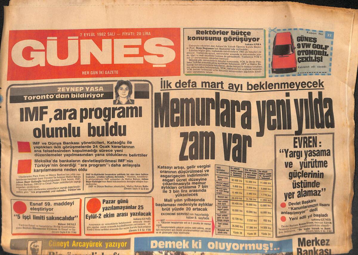 Güneş Gazetesi 7 Eylül 1982 -İşte Makyajsız Türkan Şoray - İbrahim Tatlıses Boş Zamanlarını Ata Binerek Değerlendiriyor - Bülent Ecevit 87 Gün Hapis GZ132366 - 1