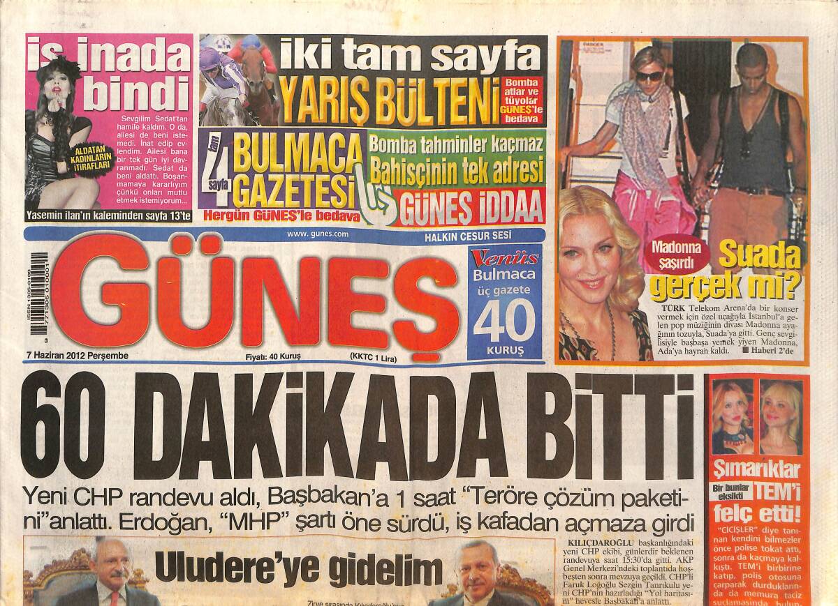 Güneş Gazetesi 7 Haziran 2012 - Kemal Kılıçdaroğlu Başbakan'la 1 Saat Görüştü - Meryem Üzerli Gece Kuşu Oldu GZ136866 - 1