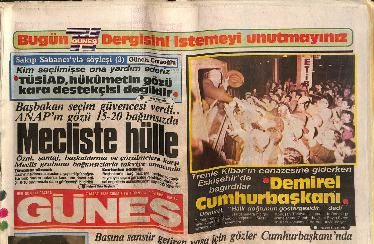 Güneş Gazetesi 7 Mart 1986 - Seda Sayan Göbek Taşında Kilo Veriyor - Egemen Bostancı Öldü GZ151491 - 1