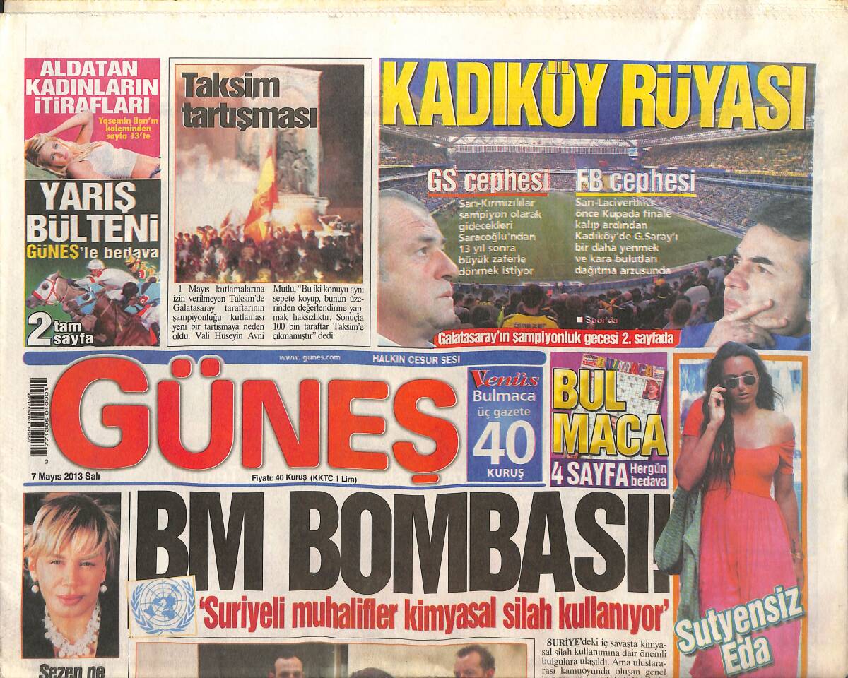 Güneş Gazetesi 7 Mayıs 2013 - TSK'DAN Alkol Açıklaması - Aslı Tandoğan Sevgilisiyle Çeşme'de Yakalandı - Taksim Tartışması GZ135635 - 1