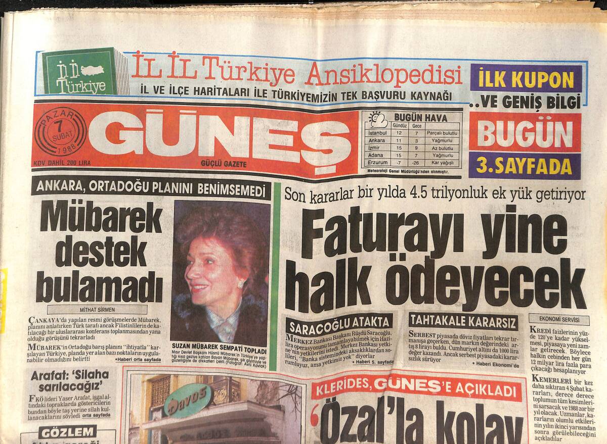 Güneş Gazetesi 7 Şubat 1988 - Ali Şen Başkan Adayı - Suzan Mübarek Sempati Topladı GZ151510 - 1