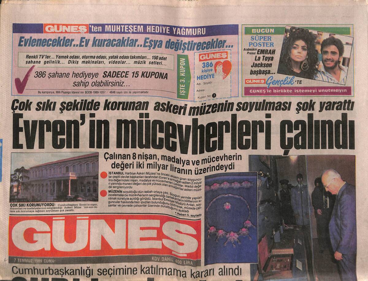 Güneş Gazetesi 7 Temmuz 1989 - Evren'in Mücevherleri Çalındı - Hülya Avşar'a Boykot GZ149208 - 1