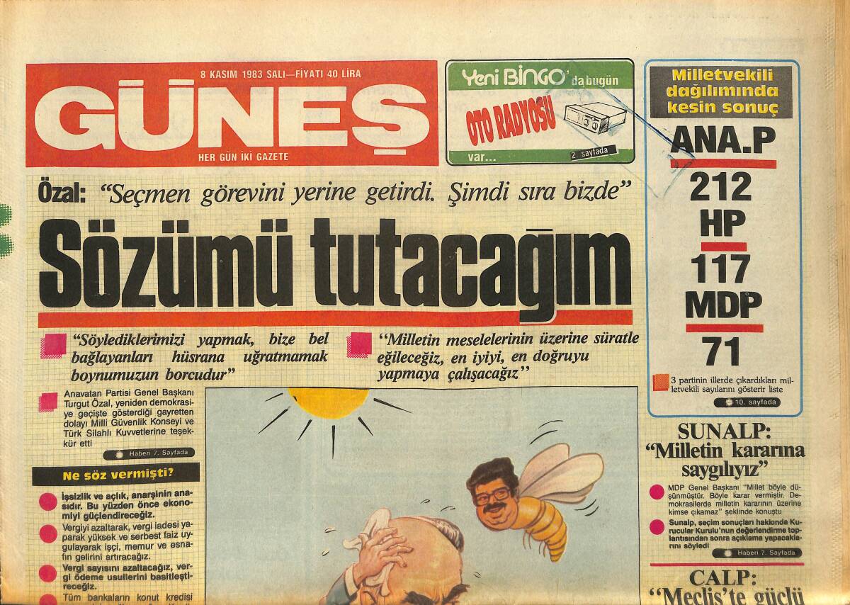 Güneş Gazetesi 8 Kasım 1983 - Özal : ''Seçmen Görevini Yerine Getirdi . Şimdi Sıra Bizde '' GZ157753 - 1