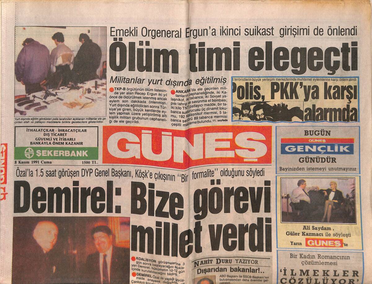 Güneş Gazetesi 8 Kasım 1991 - Tansu Çiller: Ekonomiyi Tek Başıma Sırtlarım - Türkan Şoray: Selvi Boylum Al Yazmalım GZ151500 - 1