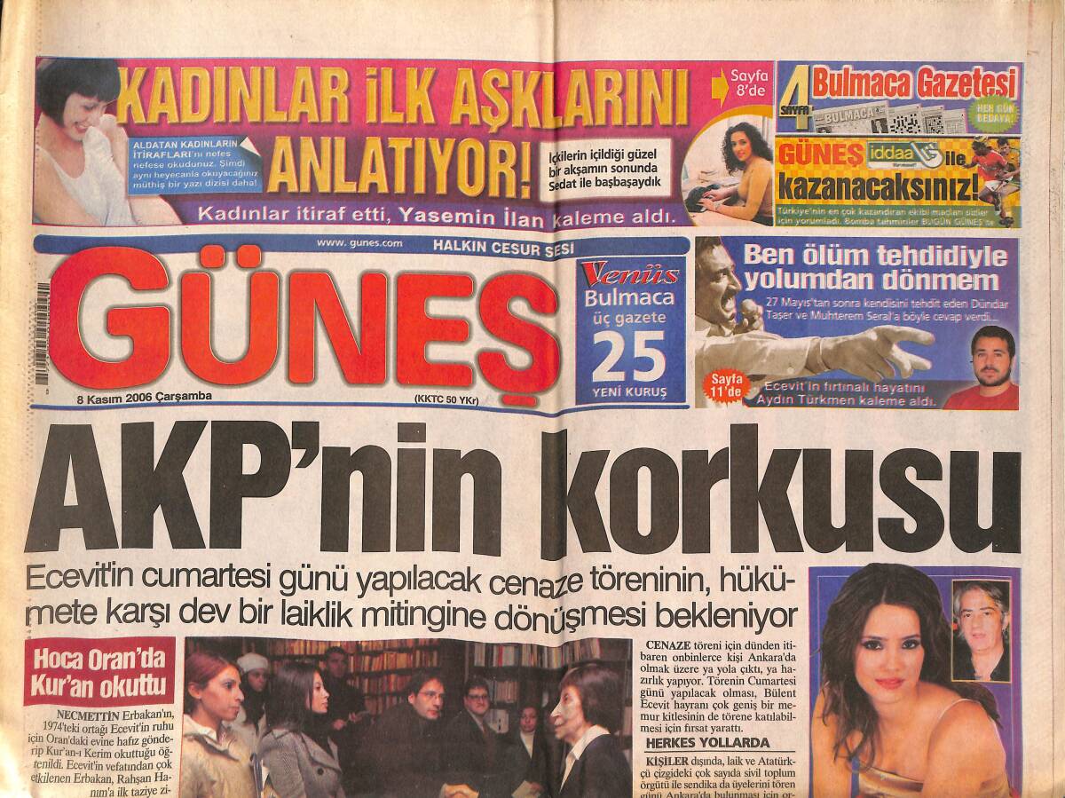 Güneş Gazetesi 8 Kasım 2006 - AKP'nin Korkusu - Hülya Avşar'ın Çeyizi Petek Dinçöz'den - Paris Hilton Dayak Yedi GZ136762 - 1