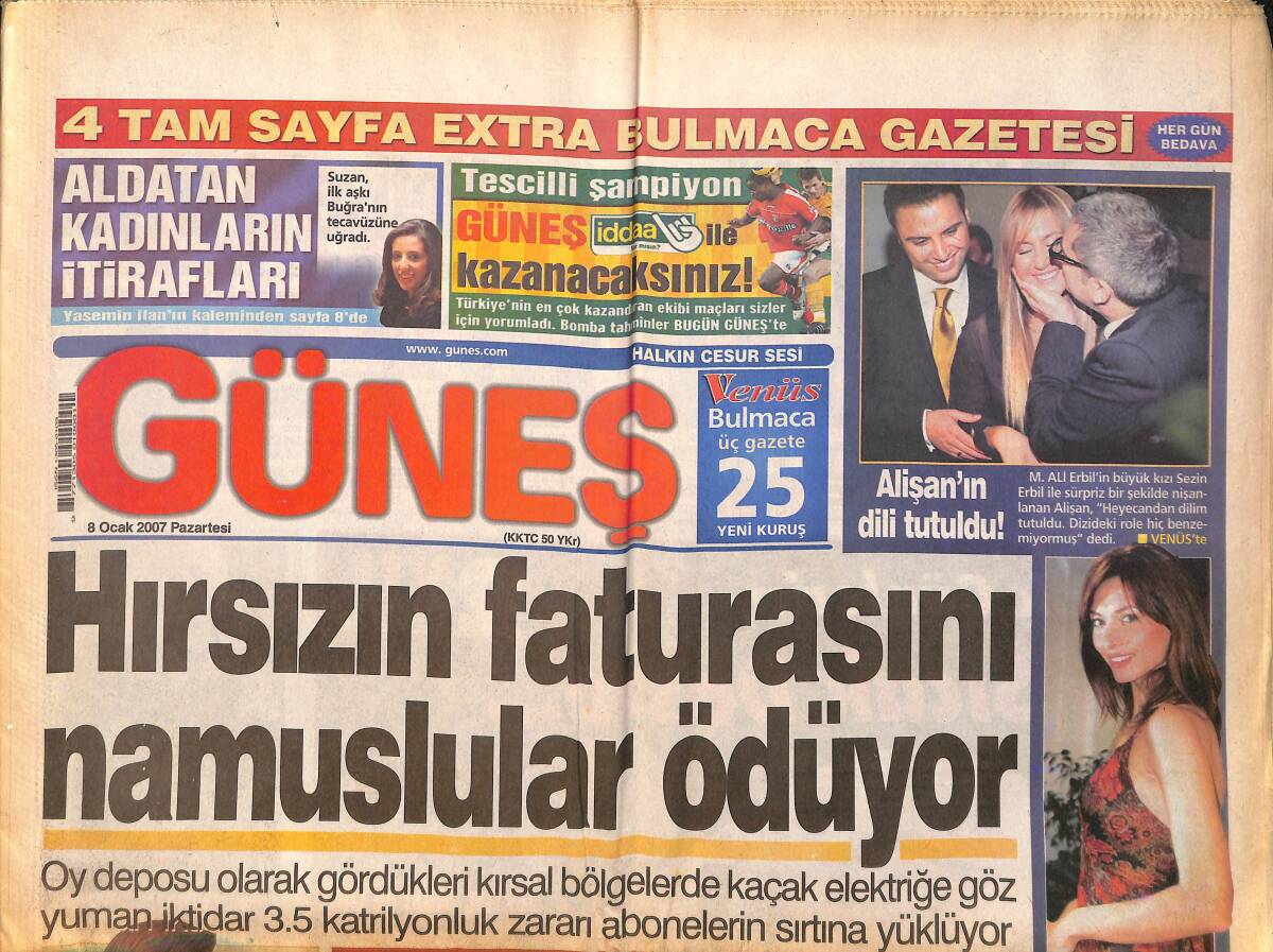 Güneş Gazetesi 8 Ocak 2007 - Alişan'ın Dili Tutuldu - İsrail Uçakları İran'ı Vuracak GZ157821 - 1