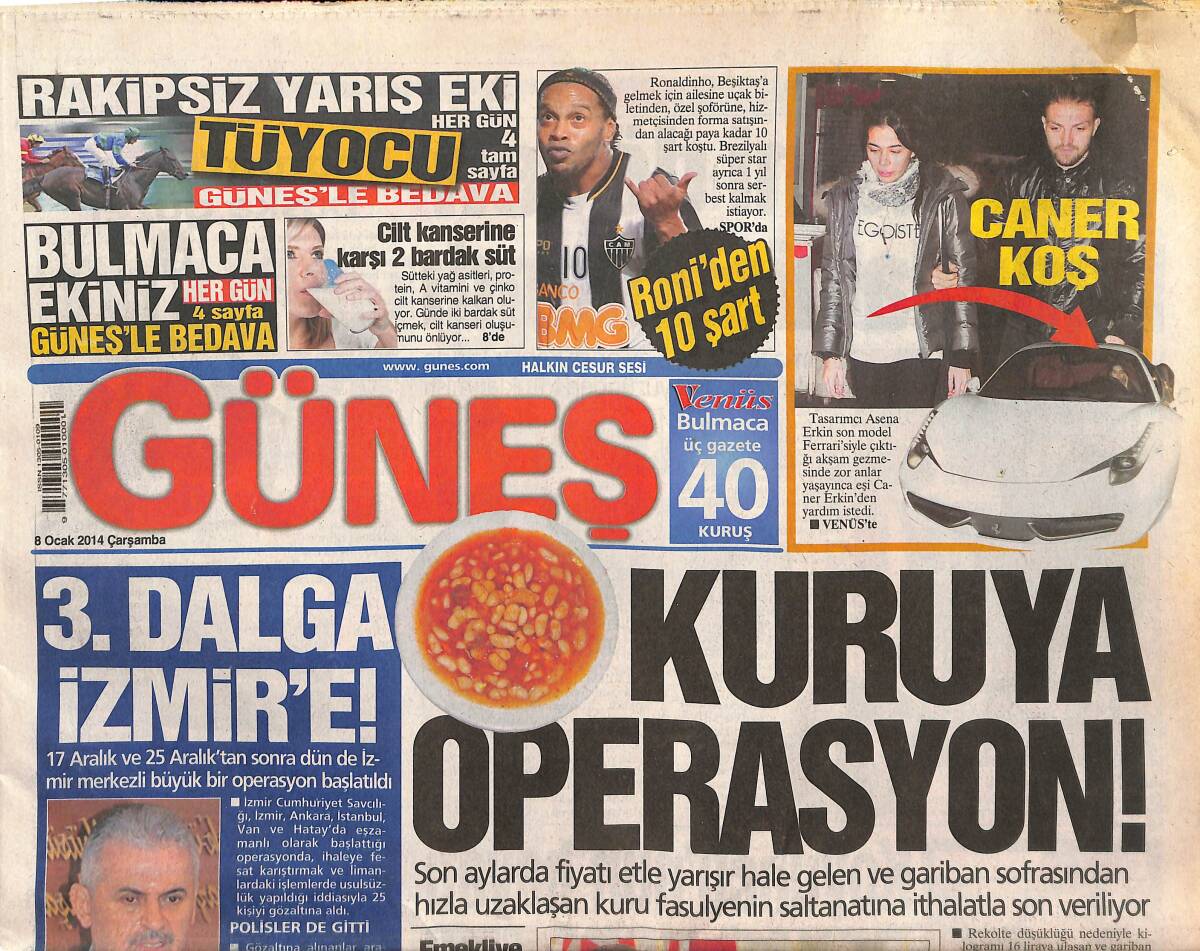 Güneş Gazetesi 8 Ocak 2014 - Kazım Koyuncu'nun Hayatı Beyaz Perdede - Dövizle Borcu Olan TL'YE Çevirebilir! Pınar Altuğ Araba Hediye Etti GZ135632 - 1
