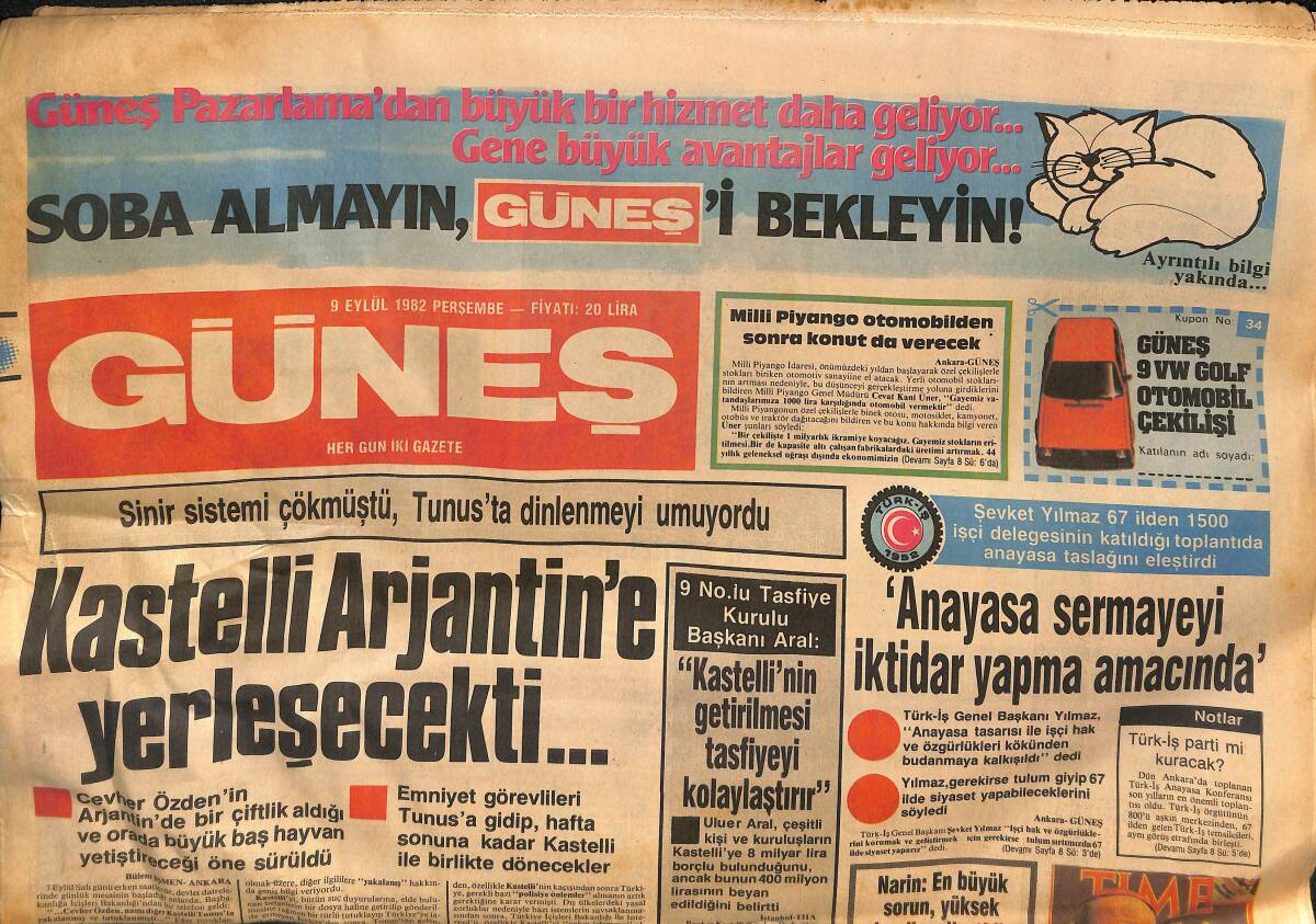 Güneş Gazetesi 9 Eylül 1982 - Papa'nın Bankasında Skandal - Kastelli Arjantin'e Yerleşecekti GZ132457 - 1