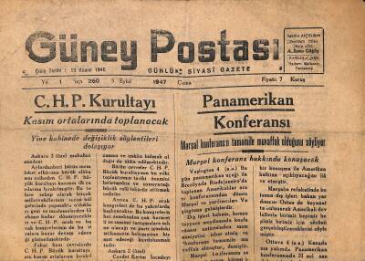 Güney Postası Gazetesi 13 Kasım 1946 - C.H.P. Kurultayı Kasım Ortalarında Toplanacak GZ117332 - 1