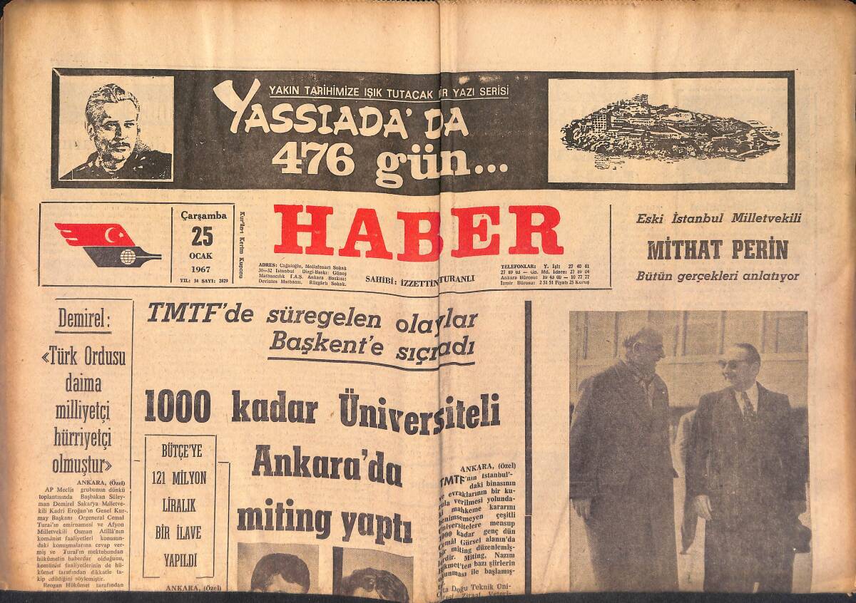 Haber Gazetesi 25 Ocak 1967 - Mehmed Akif Ersoy'un Oğlu Dün Öldü - Fransa'dan 14 Milyon Dolar Kredi Alıyoruz GZ158693 - 1