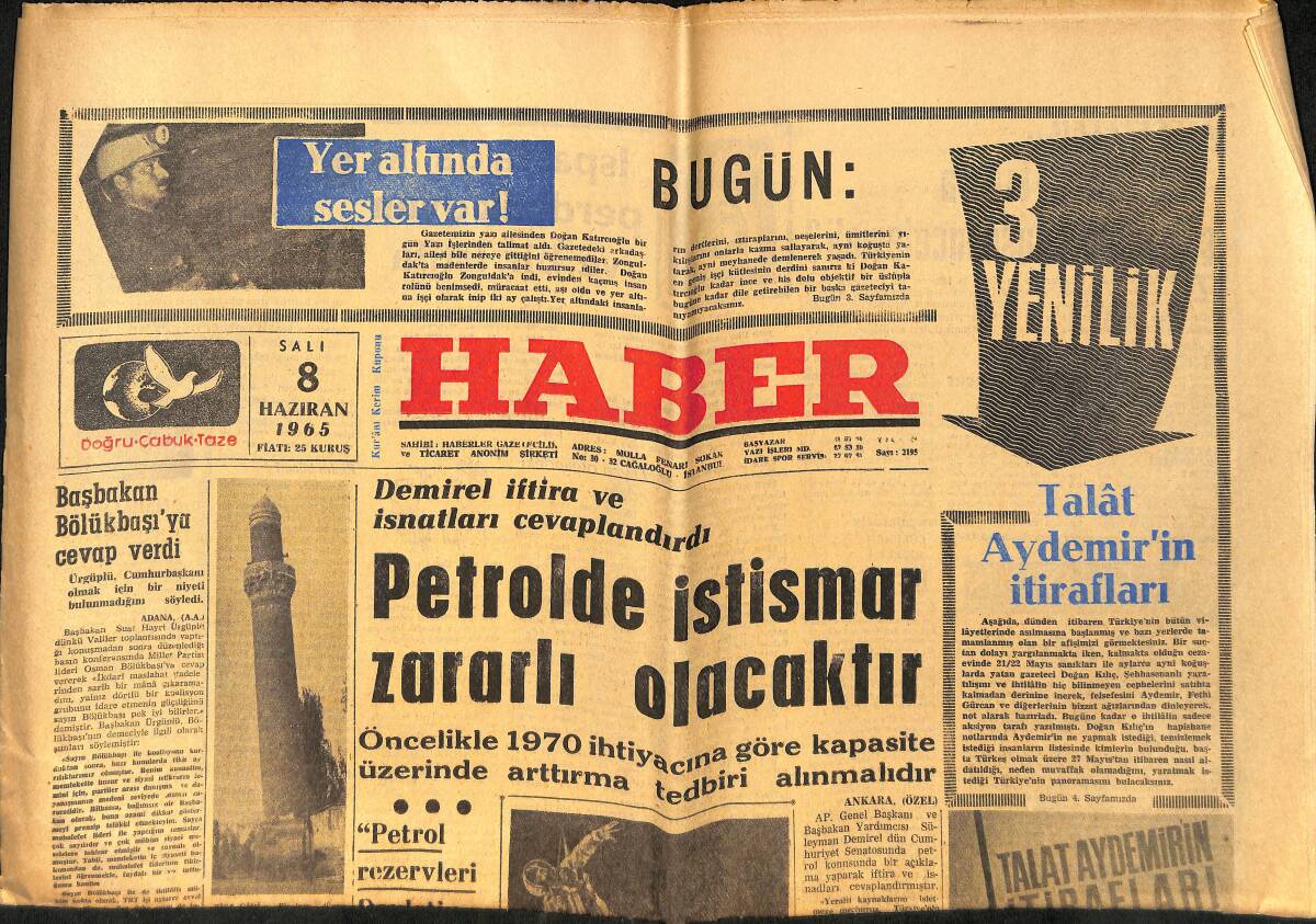 Haber Gazetesi 8 Haziran 1965 - Başbakan, Bölükbaşı'ya Cevap Verdi - Talat Aydemir'in İtirafları - Uzay İkizleri Arza Döndü GZ159124 - 1