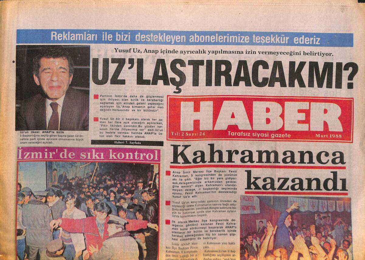 Haber Gazetesi Mart 1988 - İzmir'de Sıkı Kontrol - Lokman Hekim İddialı GZ153636 - 1