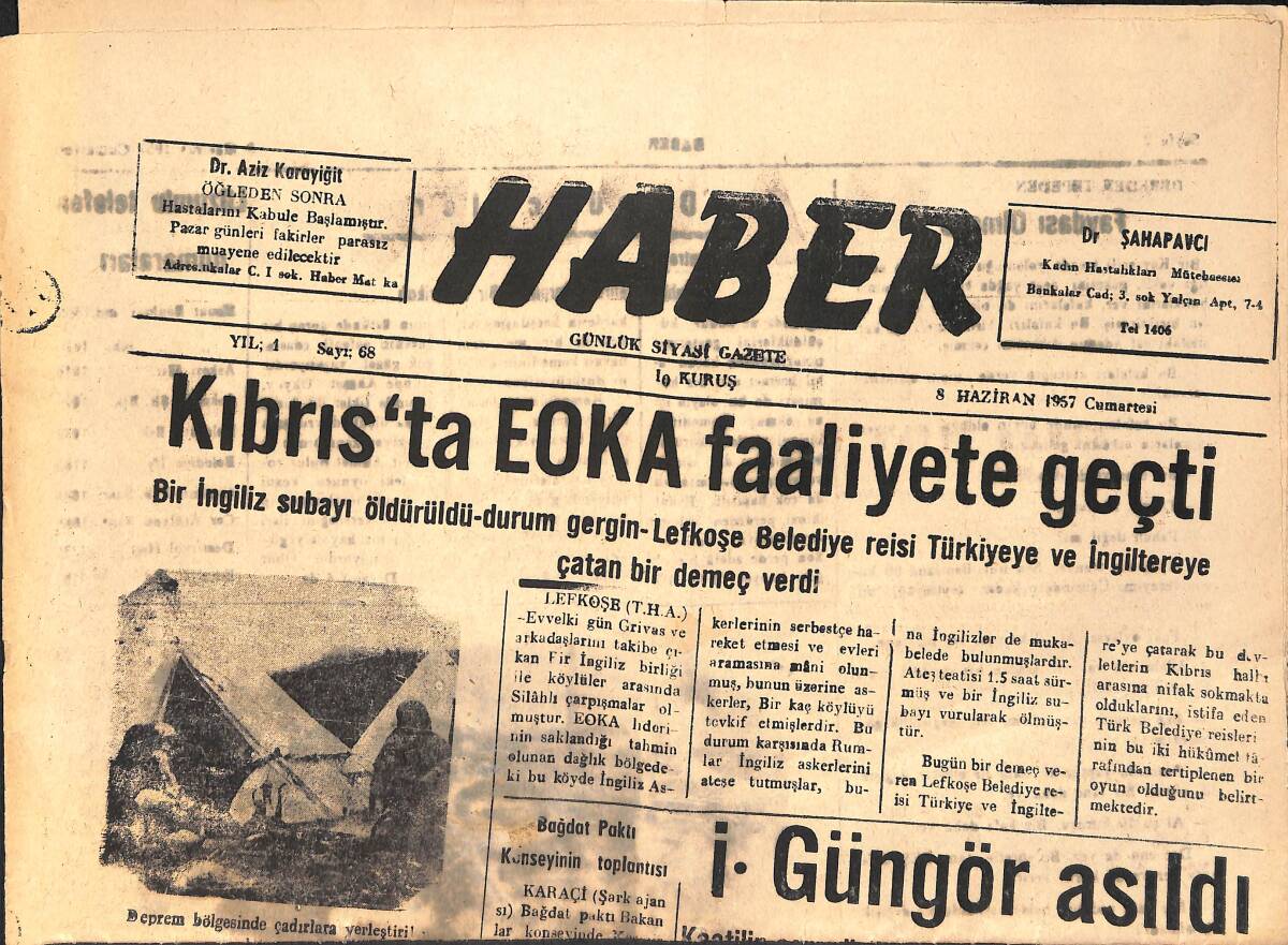 Haber Günlük Siyasi Gazete 8 Haziran 1957 - Kıbrıs'ta EOKA Faaliyete Geçti GZ160897 - 1
