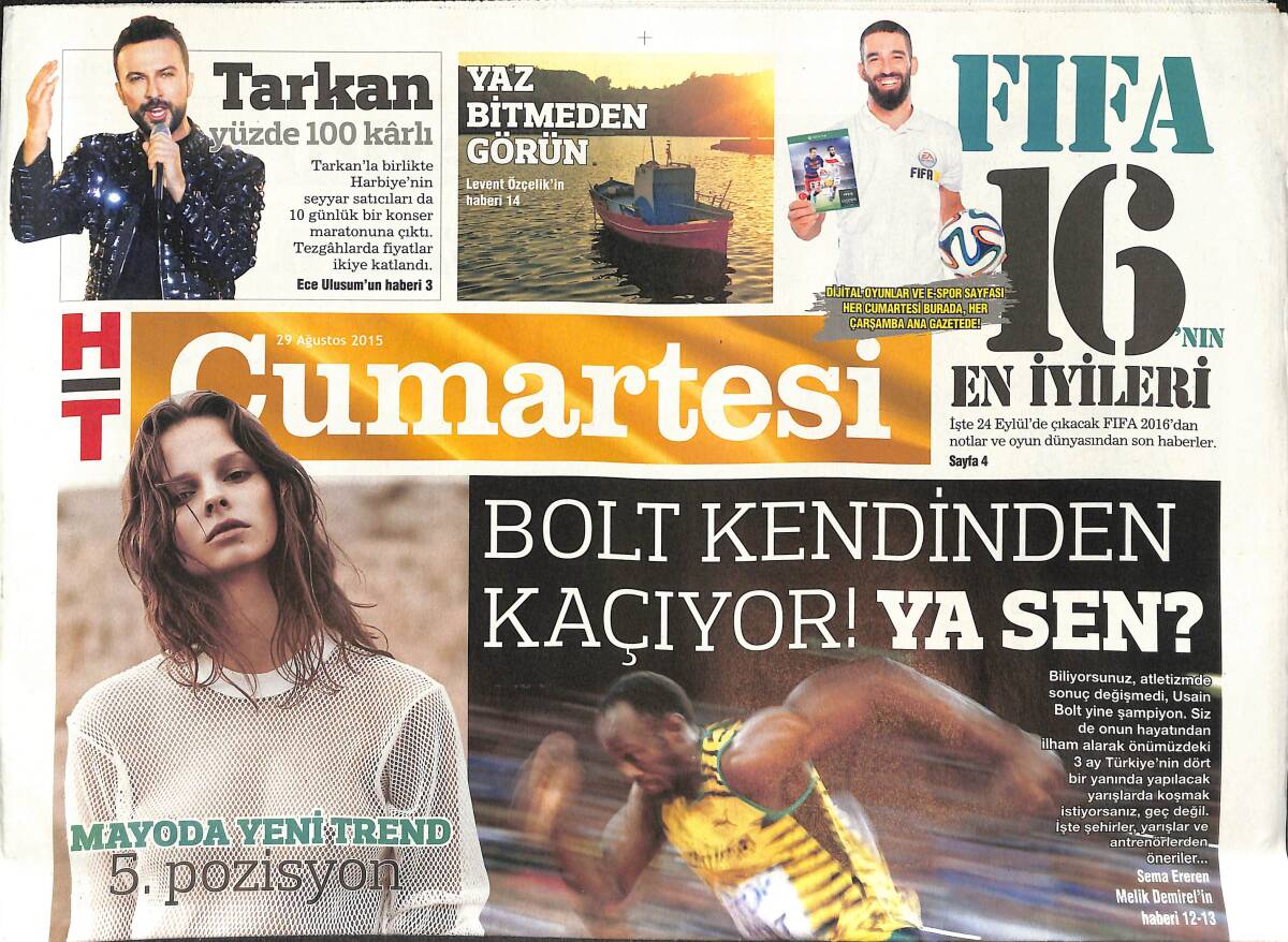 Haber Türk Gazetesi Cumartesi Eki 29 Ağustos 2015 - Tarkan Yüzde 100 Kârlı - Zeynep Bastık ' Aşk Şarkıları Yazıyorum Ama Yaşamıyorum ' GZ135199 - 1
