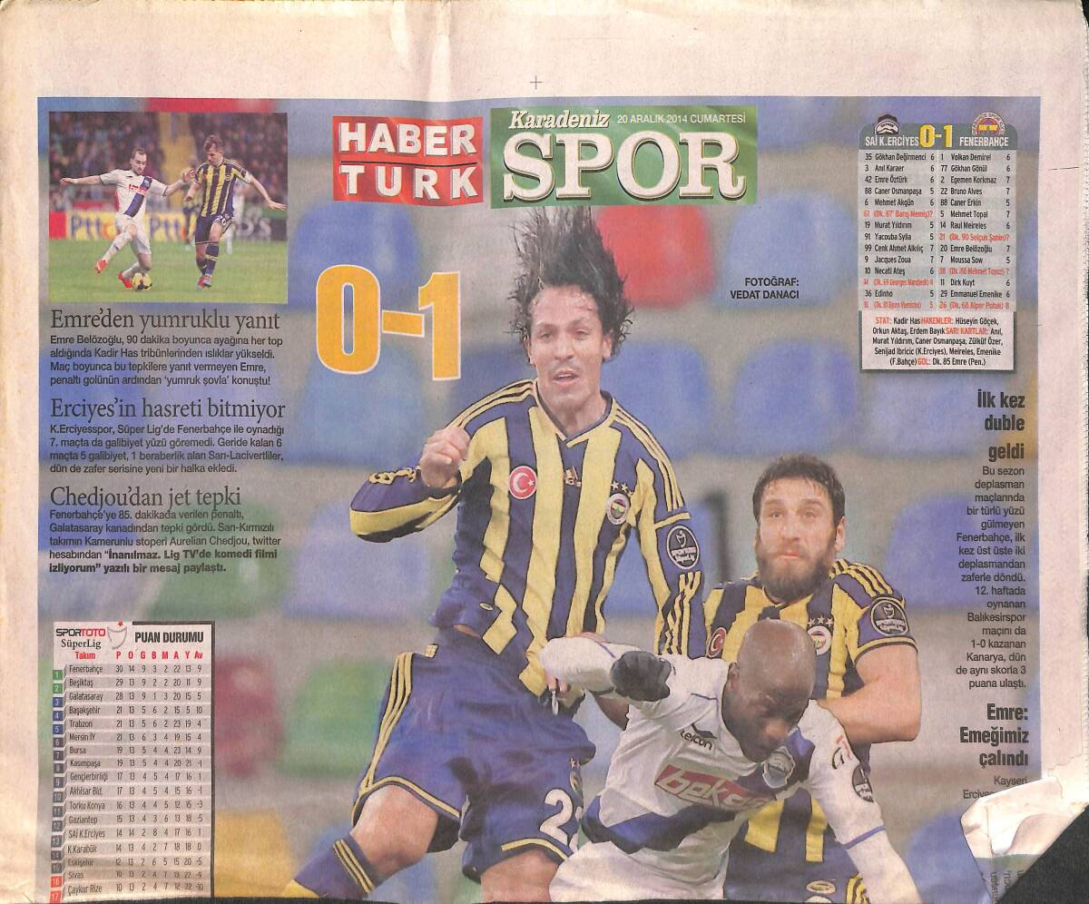 Haber Türk Gazetesi Karadeniz Spor Eki 20 Aralık 2014 - Fenerbahçe , Çok Zorlandığı Erciyes Deplasmanında Emre'nin Penaltısıyla Güldü GZ134910 - 1