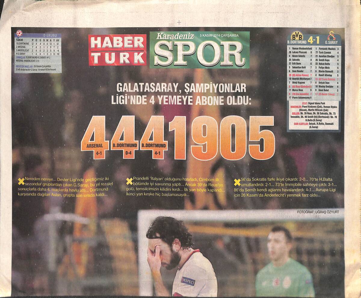 Haber Türk Gazetesi Karadeniz Spor Eki 5 Kasım 2014 - Galatasaray , Şampiyonlar Ligi'nde 4 Yemeye Abone Oldu GZ134953 - 1