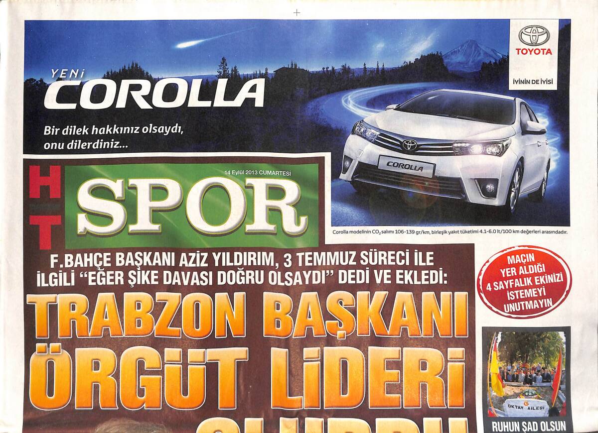 Haber Türk Gazetesi Spor Eki 14 Eylül 2013 - Aziz Yıldırım'dan İnciler - Bilic İçin Herkes Bir GZ134862 - 1