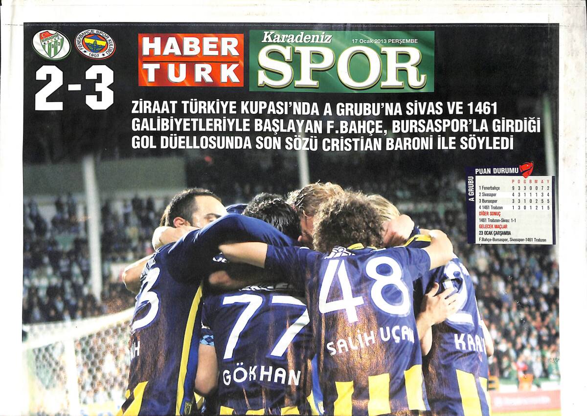 Habertürk Gazetesi 17 Ocak 2013 - Kupa Baronu - Beşiktaş Erdi Muradına - Fener Üçlemesi GZ135695 - 1