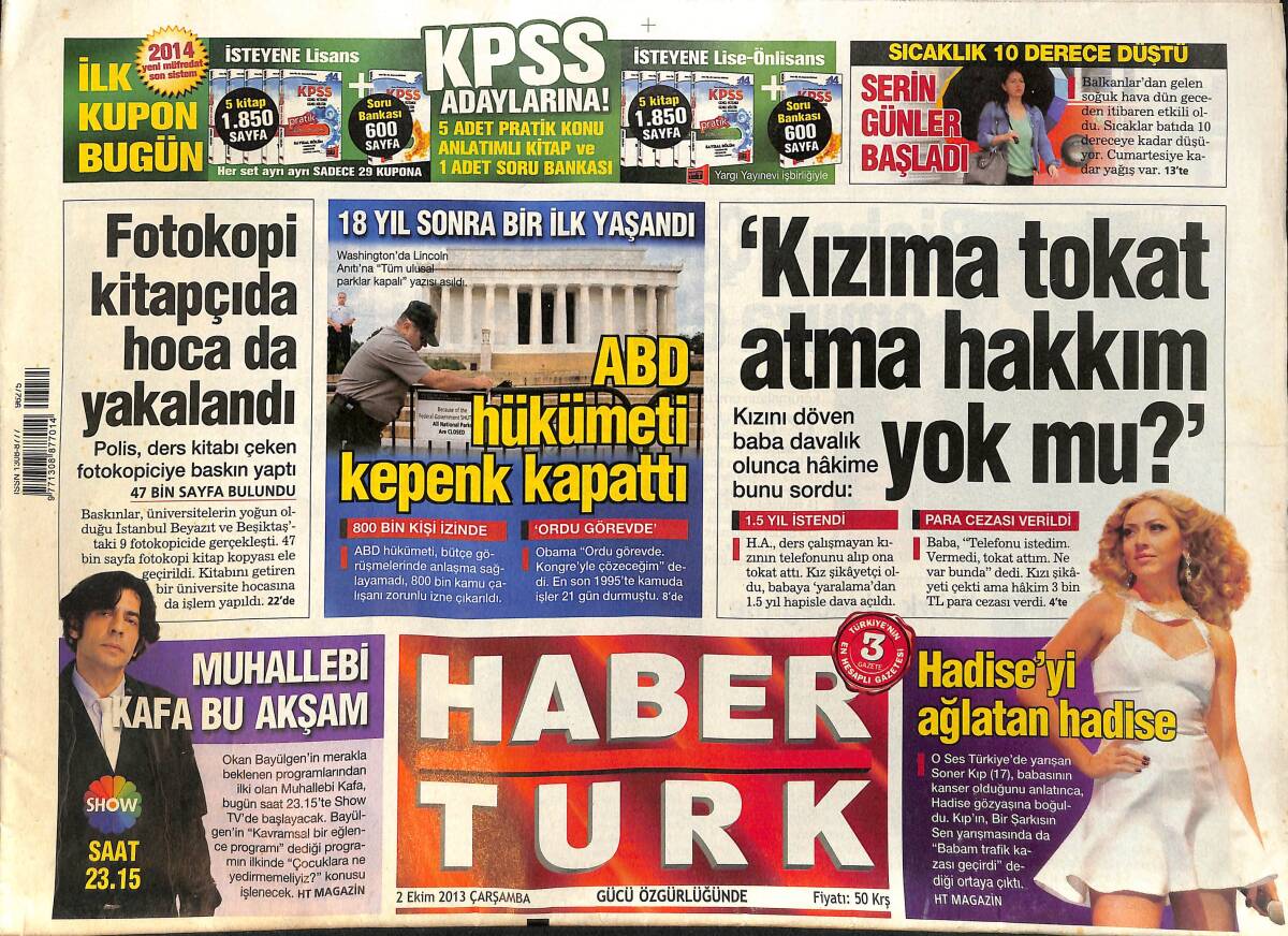 Habertürk Gazetesi 2 Ekim 2013 - ABD Hükümeti Kepenk Kapattı - Erdoğan , Muhalefetin Paketle İlgili Eleştirilerine Tepki Gösterdi GZ153893 - 1