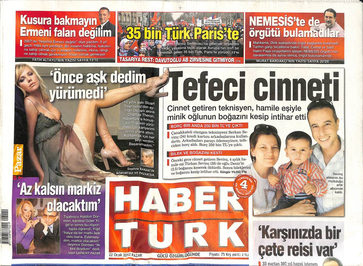 Habertürk Gazetesi 22 Ocak 2012 - 35 Bin Türk Paris'te - Erdoğan'dan Komşu Ziyareti - Midyat'a Michael Jackson Anıtı GZ137751 - 1
