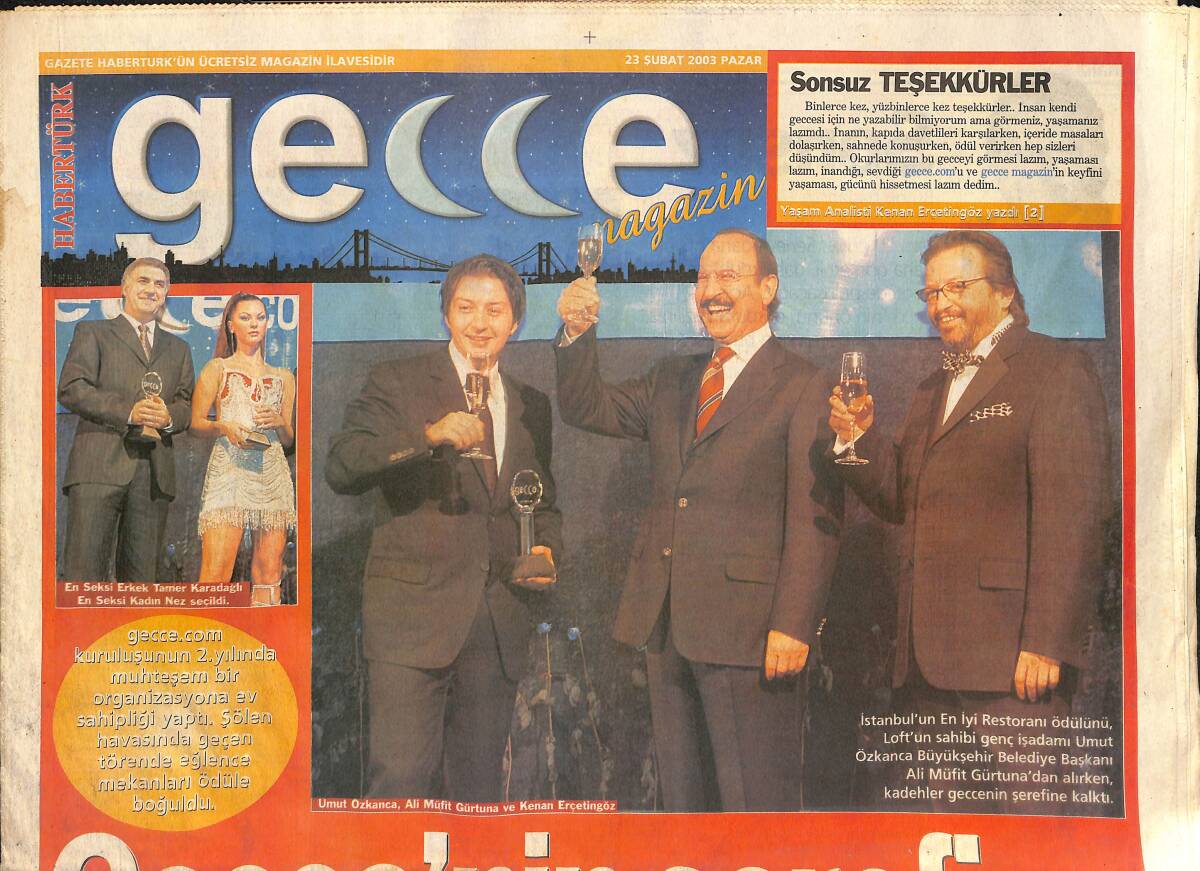 Habertürk Gazetesi Gece Eki 23 Şubat 2003 - En Seksi Erkek Tamer Karadağlı En Seksi Kadın Nez Seçildi - İşte 2002'nin En İyileri GZ137086 - 1