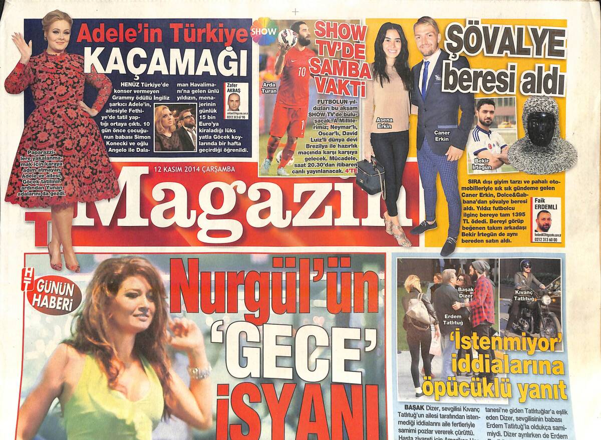 Habertürk Gazetesi Magazin Eki 12 Kasım 2014 - Adele'in Türkiye Kaçamağı - Müjde Ar, Filiz Akın, Türkan Şoray 