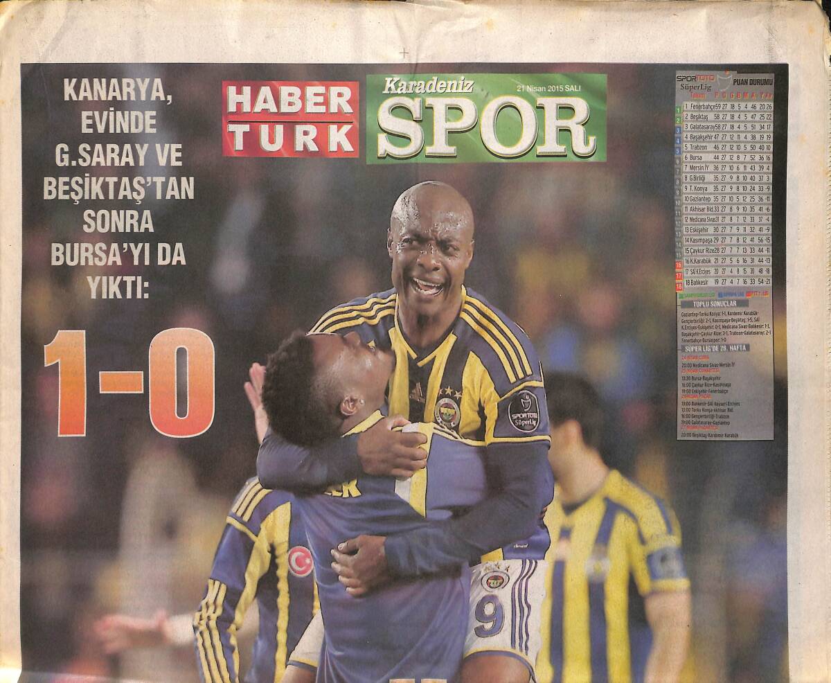 Habertürk Gazetesi Spor Eki 21 Nisan 2015 - Kanarya, Evinde Galatasaray Ve Beşiktaş'tan Sonra Bursa'yı Da Yıktı - Kadıköy'den Çıkış Yok GZ153817 - 1