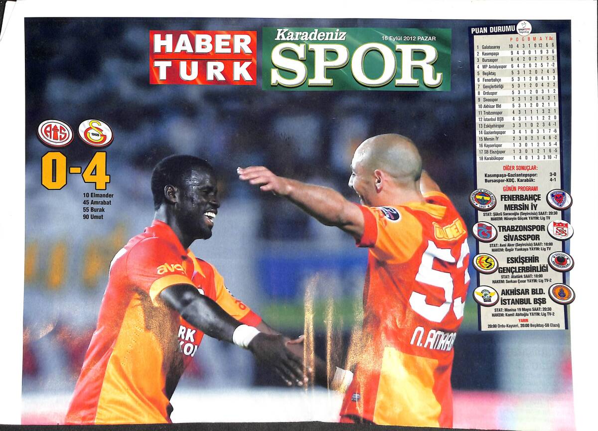 Habertürk Karadeniz Spor Gazetesi 16 Eylül 2012 - Galatasaray Antalya'yı 4-0 Yendi, Amrabat ve Cris GZ134823 - 1