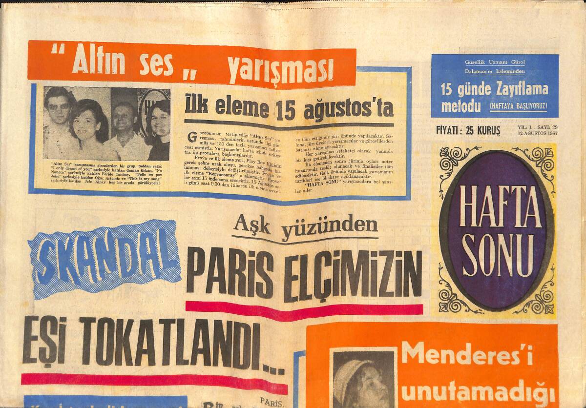 Hafta Sonu Gazetesi 12 Ağustos 1967 - Soprano Ayhan Aydan Evlenmekten Korkuyor - Yılların Unutturamadığı Evlilikler: Evlenme Rekoru Liz Taylor'da GZ146445 - 1