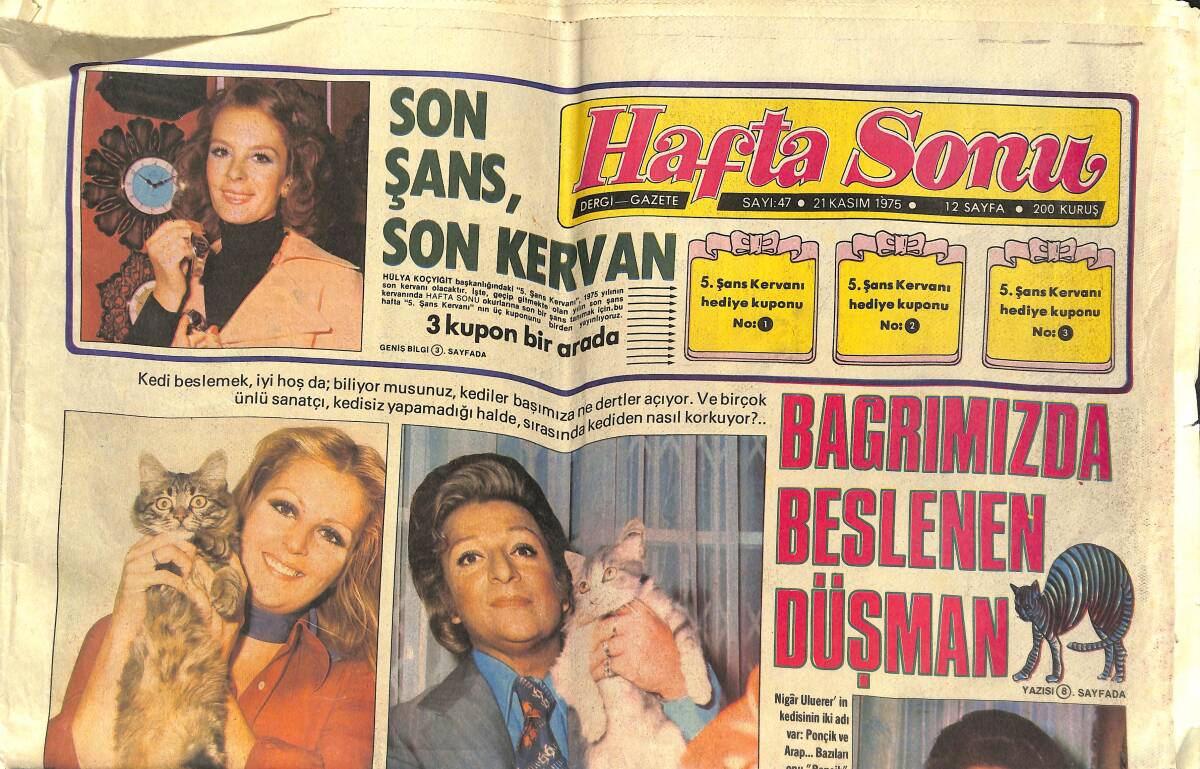Hafta Sonu Gazetesi 21 Kasım 1975 - Zeki Müren'in Kedisi Tekir İki Yaşında - Filiz Akın'dan Ediz Han'a Öğütler GZ142322 - 1