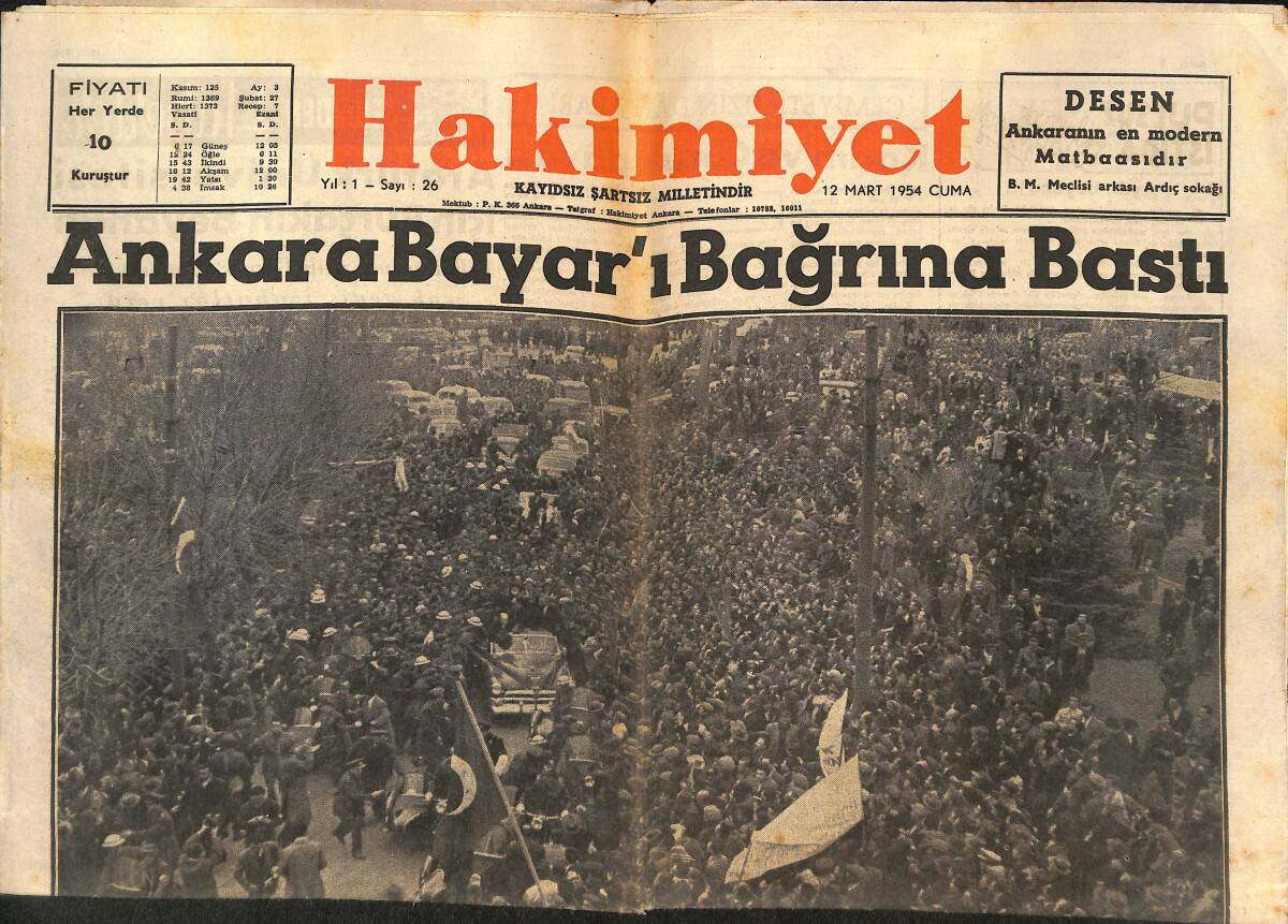 Hakimiyet Gazetesi 12 Mart 1954 - Ankara Bayar'ı Bağrına Bastı - Bayar Ankara'da Resimlerle İntibalar GZ146795 - 1
