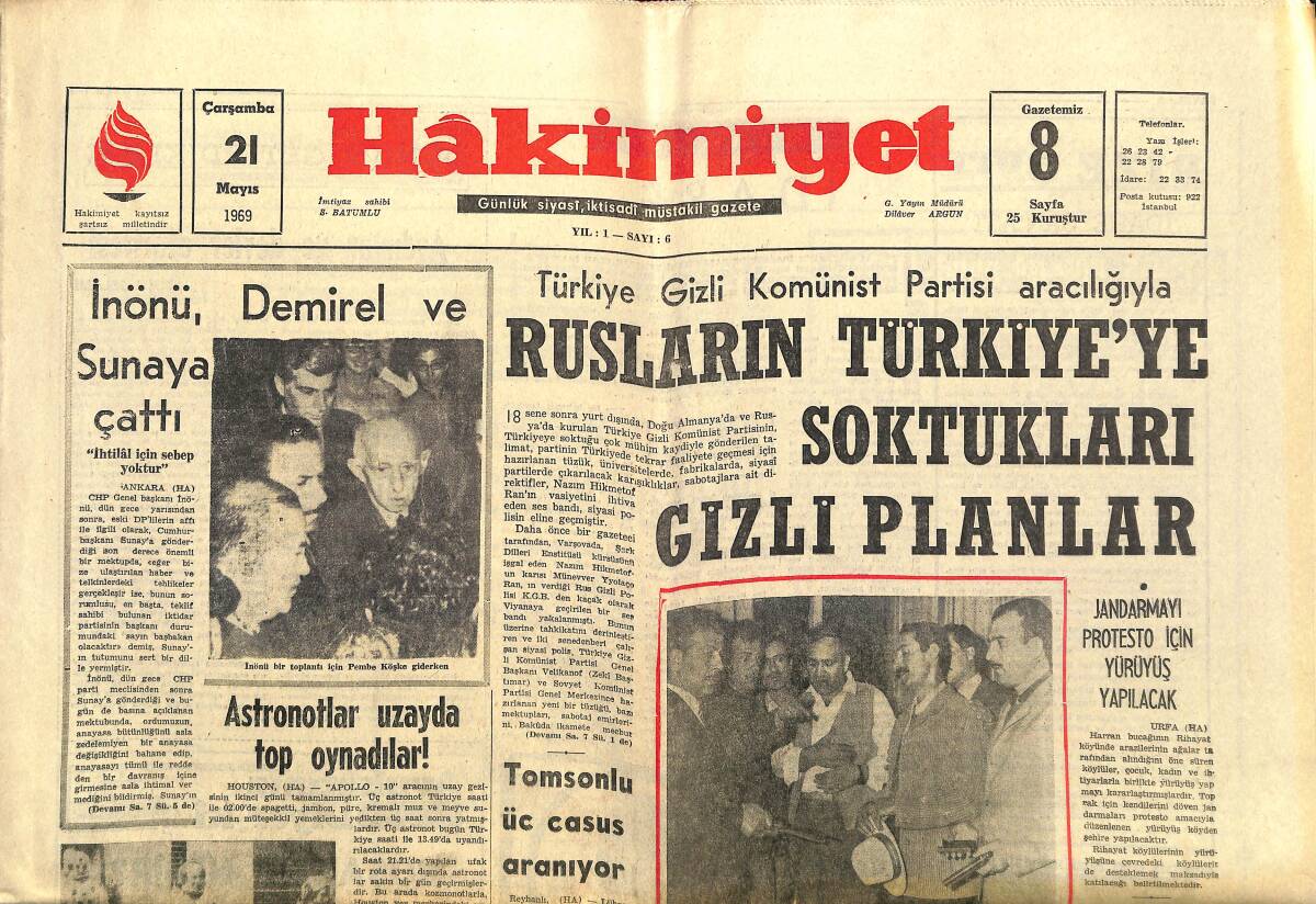 Hakimiyet Gazetesi 21 Mayıs 1969 - Ay'da Bir Yanardağ İndifa Ediyor - Rusların Türkiye'ye Soktukları Gizli Planlar GZ149927 - 1