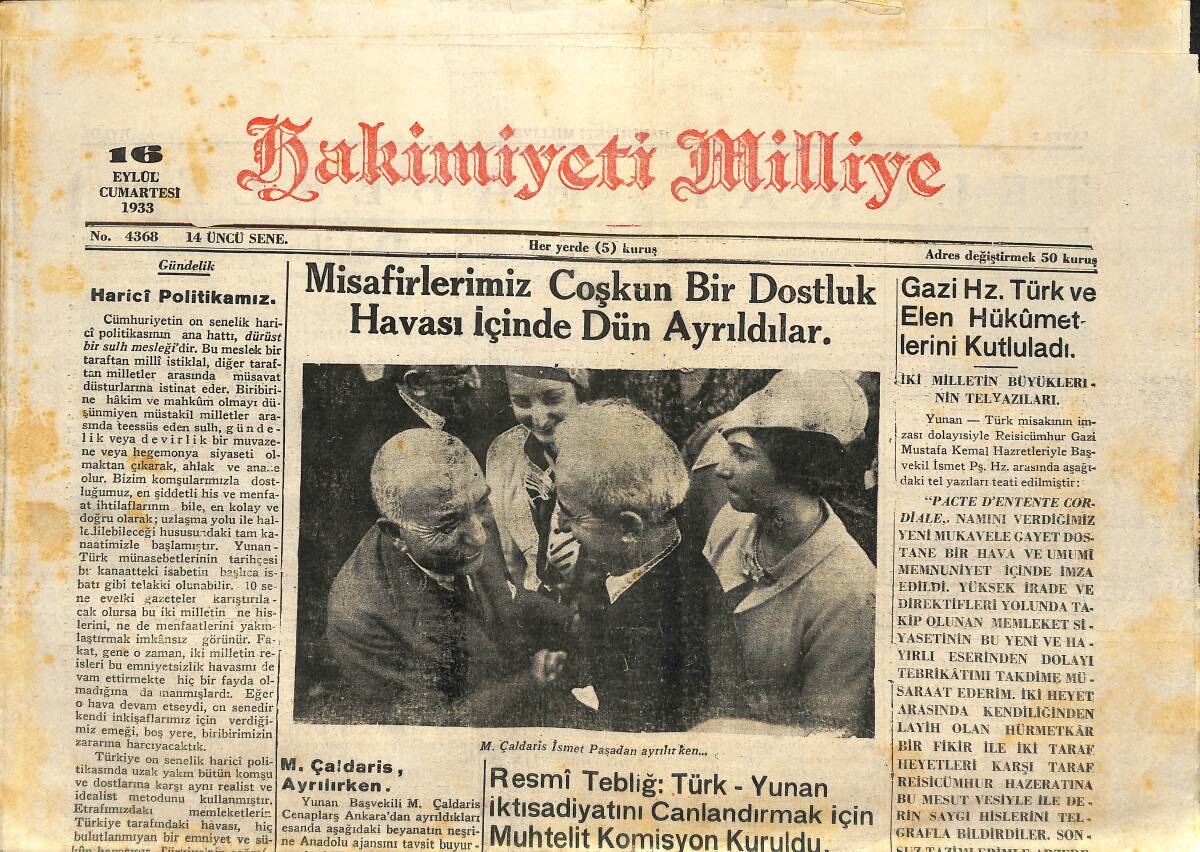 Hakimiyeti Milliye Gazetesi 16 Eylül 1933 - Misafirlerimiz Coşkun Bir Dostluk Havası İçinde Dün Ayrıldılar GZ147650 - 1
