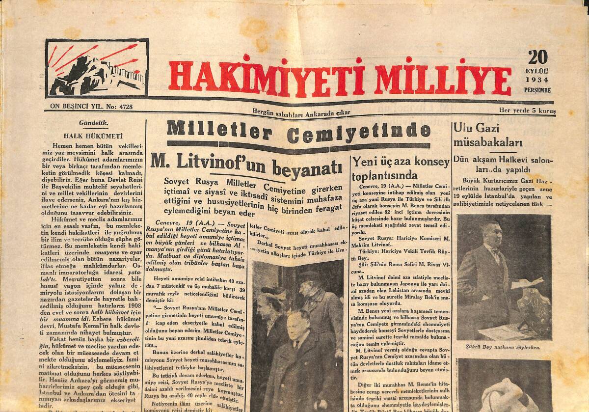Hakimiyeti Milliye Gazetesi 20 Eylül 1934 - Ankara Halkevinin İzmir Seyahati - Milletler Cemiyetinde M. Litvinof'un Beyanatı GZ146806 - 1