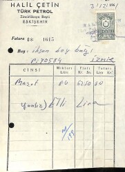 HALİL ÇETİN Türk Petrol Bayii Eskişehir 1961 Damga Pullu Fatura EFM(N)10862 - Gökçekoleksiyon