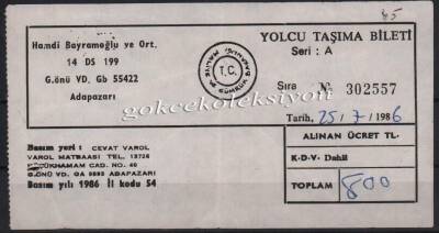 Hamdi Bayramoğlu Ort. 1986 Yılı Yolcu Taşıma Bileti PYB2876 - 1
