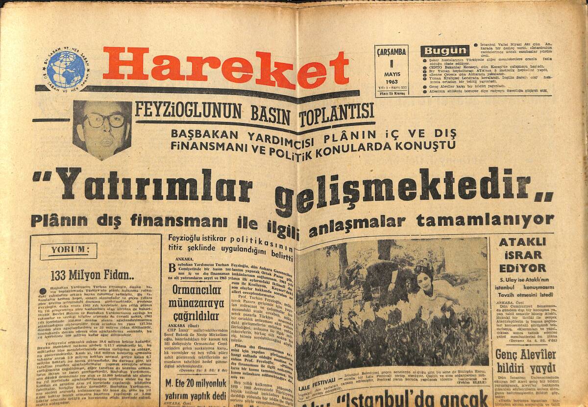 Hareket Gazetesi 1 Mayıs 1963 - Bir Yunan Heykeltraşı Ata'nın Heykelini Yaptı - Ünlü Scala Operası İstanbul'a Geliyor GZ151396 - 1
