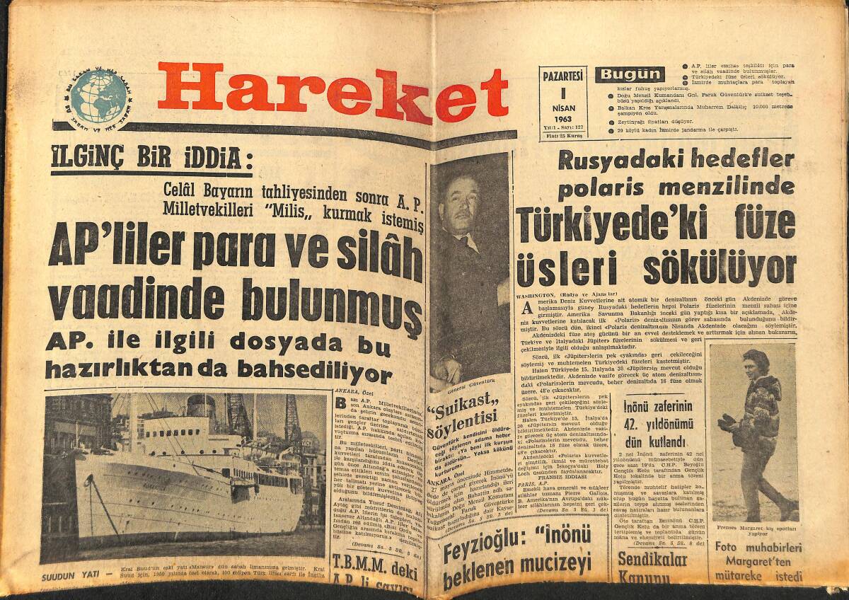 Hareket Gazetesi 1 Nisan 1963 - Türkiye'deki Füze Üsleri Sökülüyor - Foto Muhabiri Margaret'ten Mütareke İstedi GZ151395 - 1