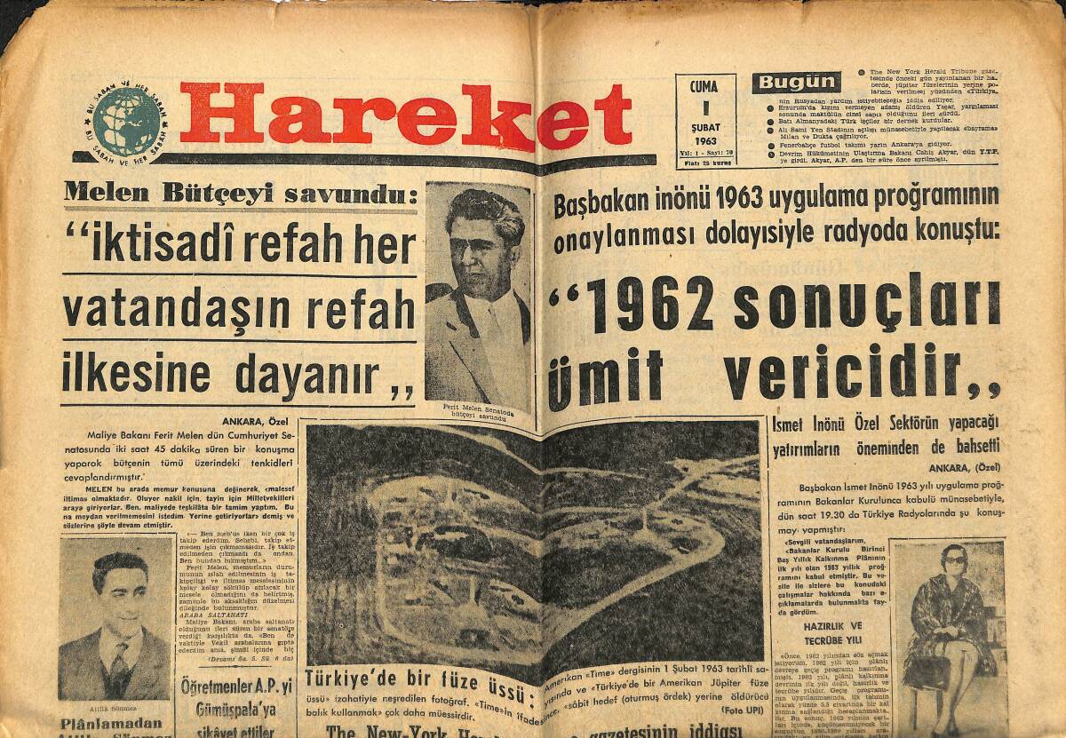 Hareket Gazetesi 1 Şubat 1963 - Kıbrıs Türkleri Anayasa Mahkemesine Başvurdu - Türkiye'de Bir Füze Üssü GZ151328 - 1