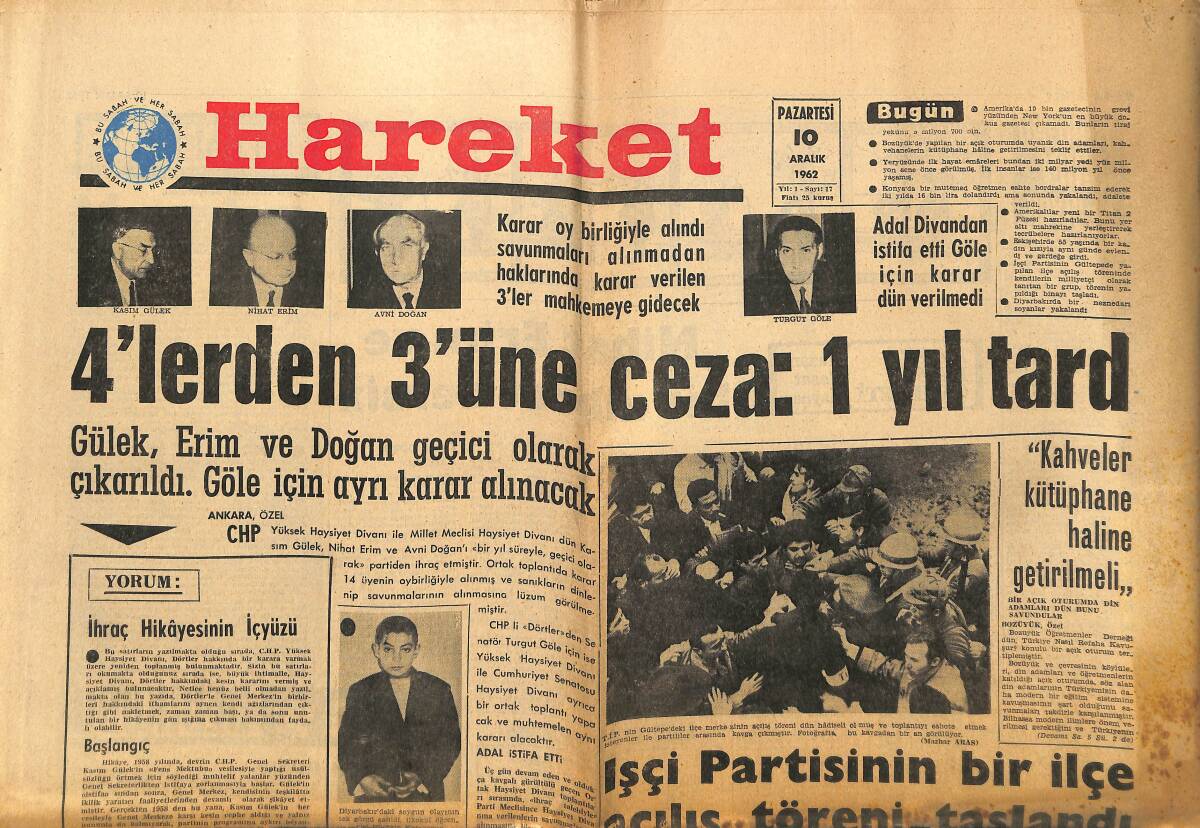 Hareket Gazetesi 10 Aralık 1962 - Yeşilay Kongresi Hadiseli Geçti - Danimarkalılar Dün Gece Uçakla Geldi GZ151347 - 1