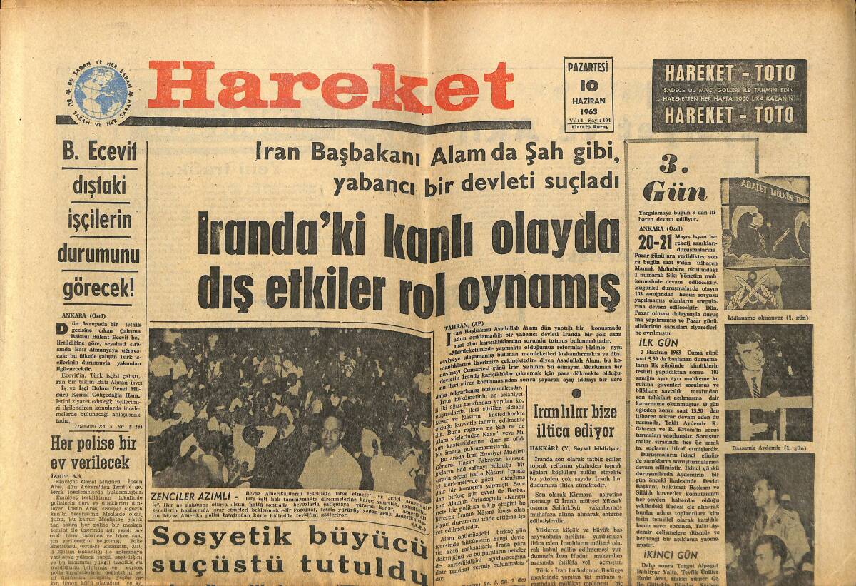 Hareket Gazetesi 10 Haziran 1963 - Irak'ta Kanlı Olayda Dış Etkiler Rol Oynamış - Amerika'dan Türkiye'ye Bir Sergi Geliyor GZ150042 - 1
