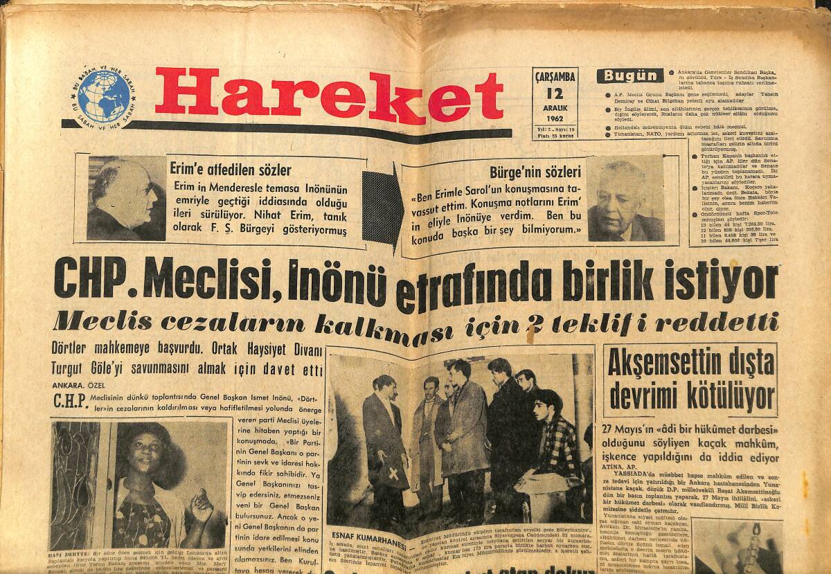 Hareket Gazetesi 12 Aralık 1962 - CHP Meclisi, İnönü Etrafında Birlik İstiyor - Vahşi Kedi Leyla Sayar GZ150050 - 1
