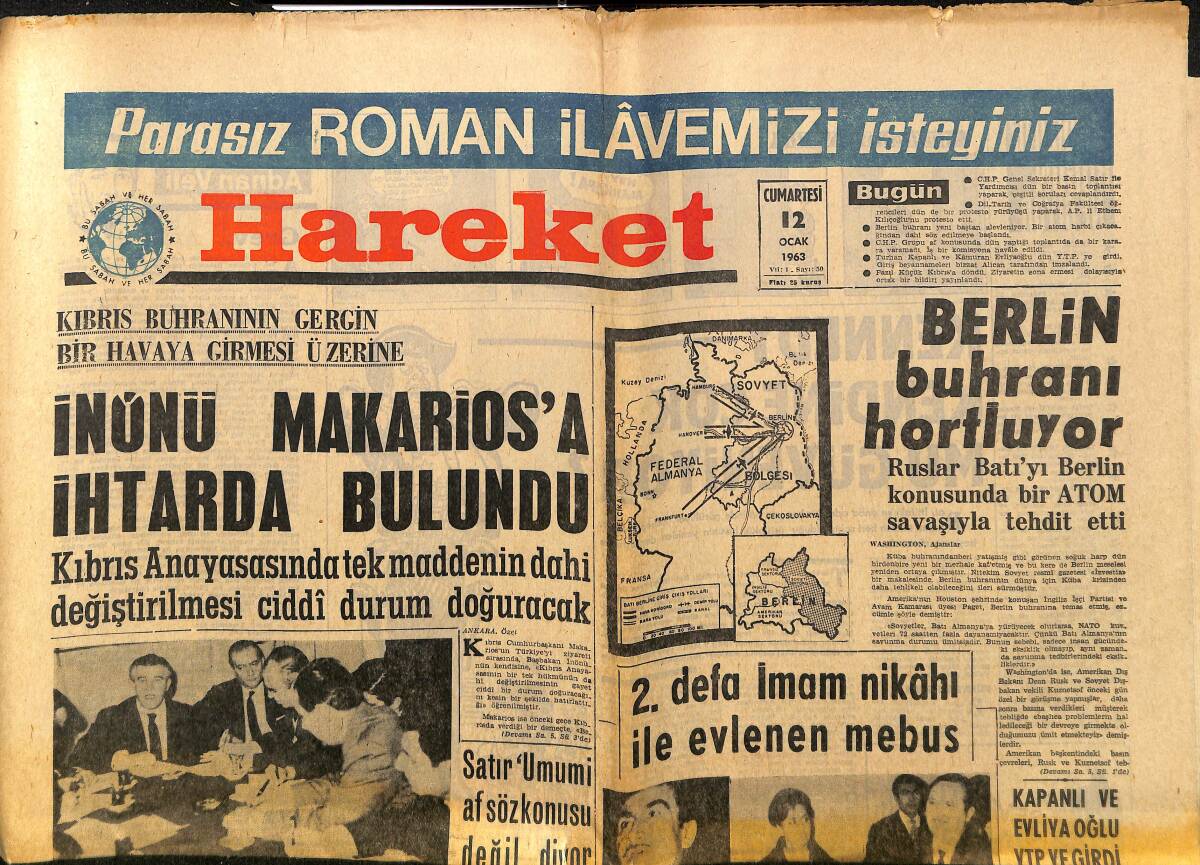 Hareket Gazetesi 12 Ocak 1963 - Berlin Buhranı Hortluyor - Leyla Sayar Yargılandı - Kennedy Kendine Çok Mu Güveniyor GZ150153 - 1
