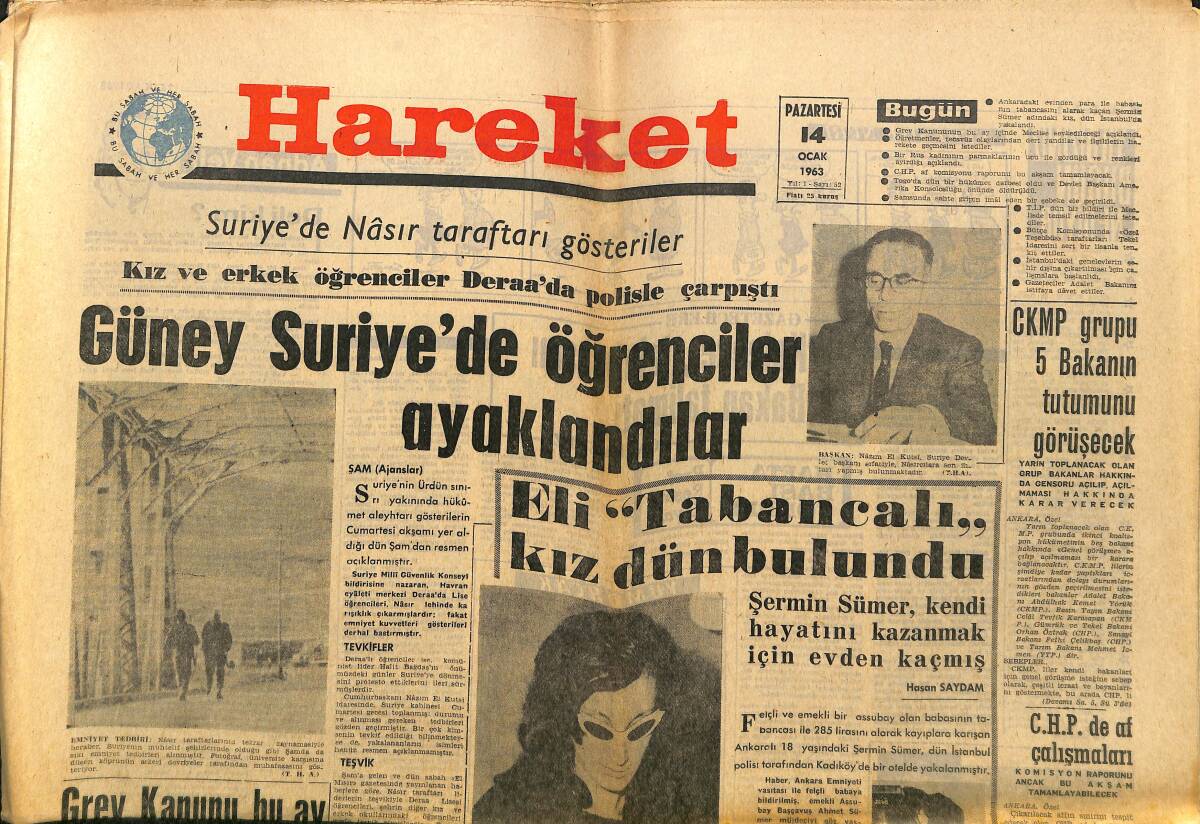 Hareket Gazetesi 14 Ocak 1963 - İstanbul'daki Genel Evler Şehir Dışına Çıkarılacak - Ekrem Alican CHP'ye Çattı GZ150155 - 1