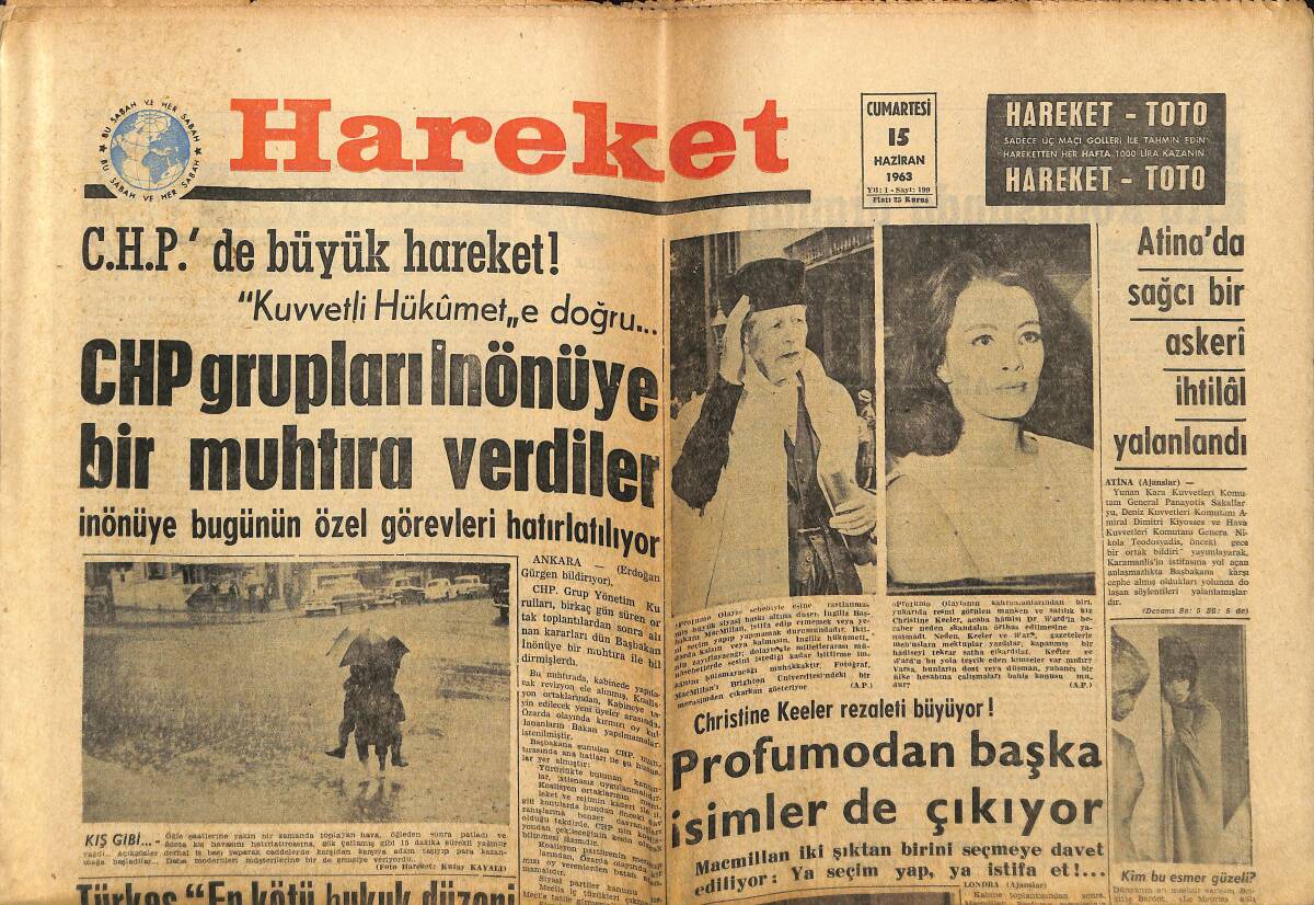 Hareket Gazetesi 15 Haziran 1963 - Christine Keeler Rezaleti Büyüyor - Gina Lollobrigida Tahran'da GZ150045 - 1