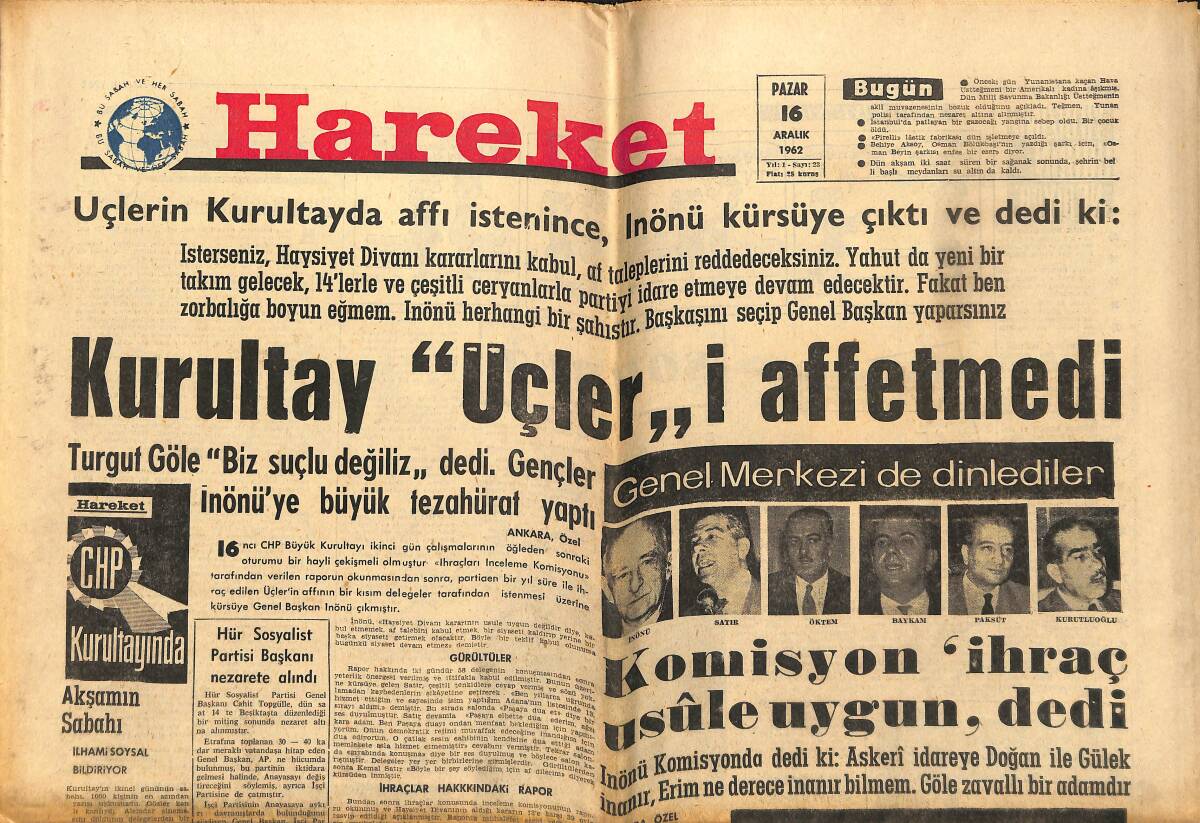 Hareket Gazetesi 16 Aralık 1962 - Bir Yıldız Doğuyor '' Filiz Akın '' - Behiye Aksoy Diyor Ki : Osman Beyin Şarkısı Nefis Bir Eser GZ151349 - 1