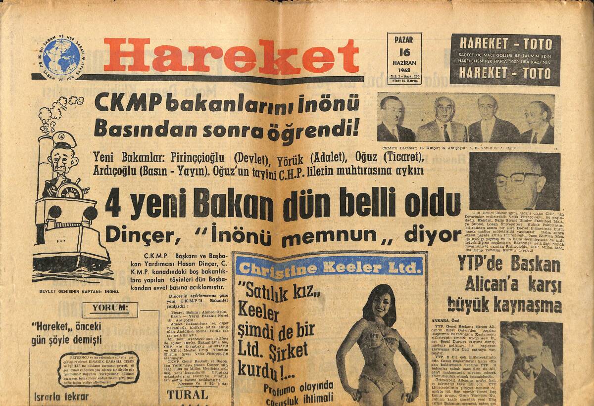 Hareket Gazetesi 16 Haziran 1963 - Satılık Kız Christine Keeler Şimdi De Ltd. Şirket Kurdu - Galatasaray Hacettepe'yi Gol Yağmuruna Tuttu GZ150046 - 1